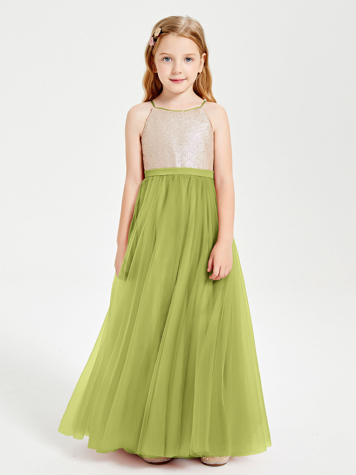 Long Junior Bridesmaid Gown Sequined Top Tulle Skirt Clover